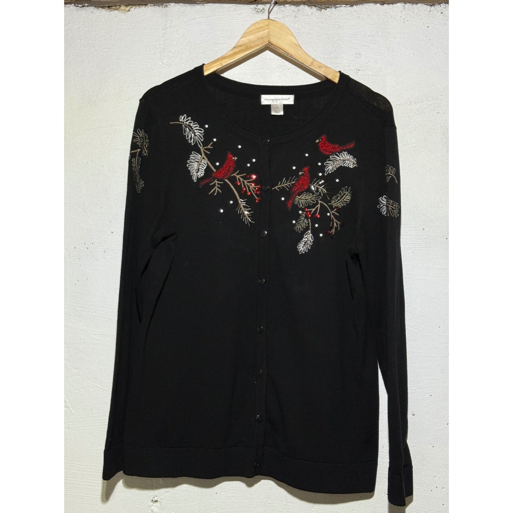 Christopher & Banks Womens Cardinal Bird Cardigan XL Black Cotton Sequin Holiday